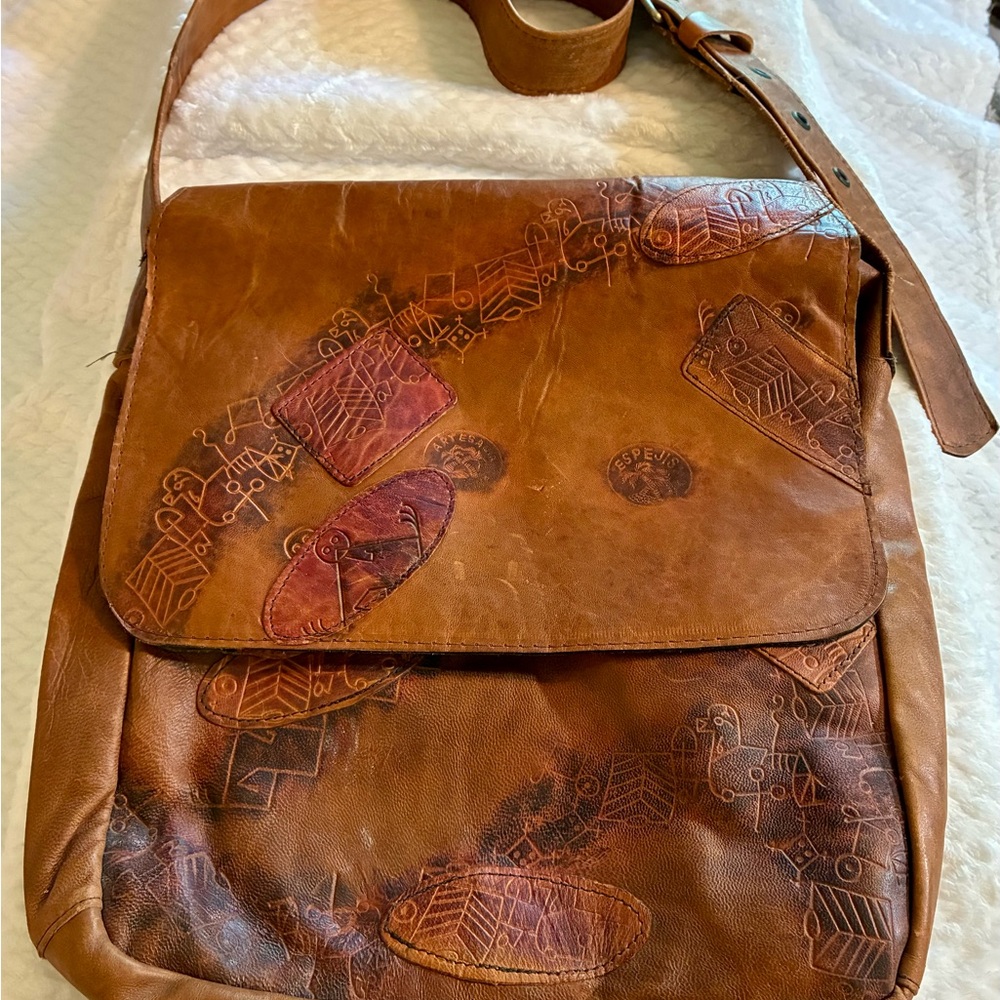Handcrafted Genuine Argentinian Leather Crossbody Messenger Bag Embossed Funky